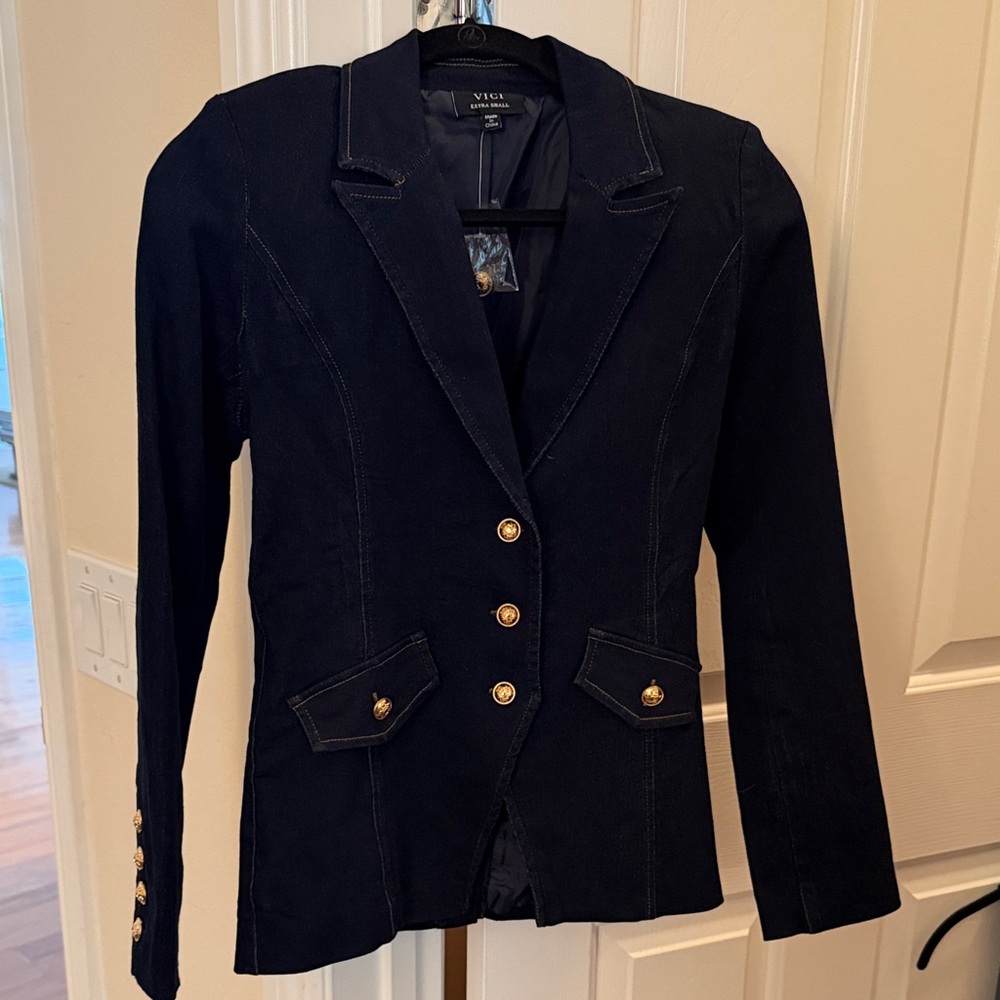 Vici dark blue denim Blazer with Gold Buttons